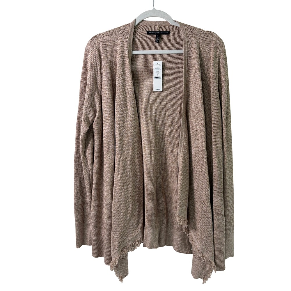 White House Black Market WHBM Cardigan Size L Tan Fringe Knit Open Front NWT